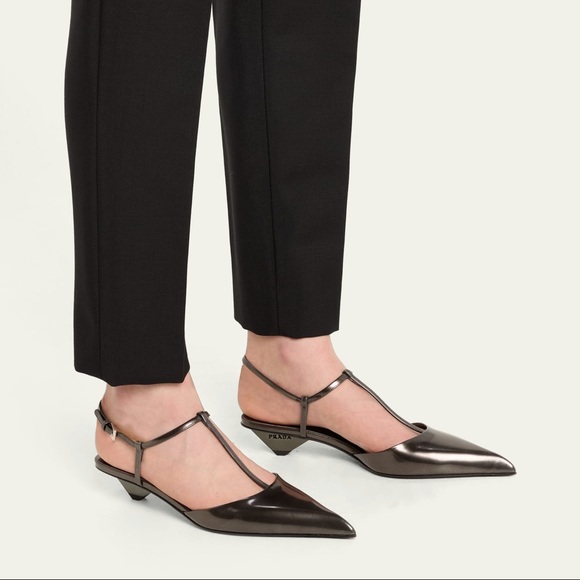Prada Leather T-strap Ballerina Pumps Anthracite - Picture 1 of 6